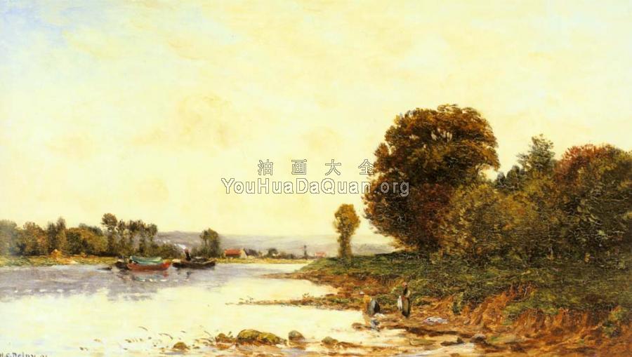 Washerwomen in a River Landscape with Steamboats beyond - 希波吕忒·卡米尔·迪莱